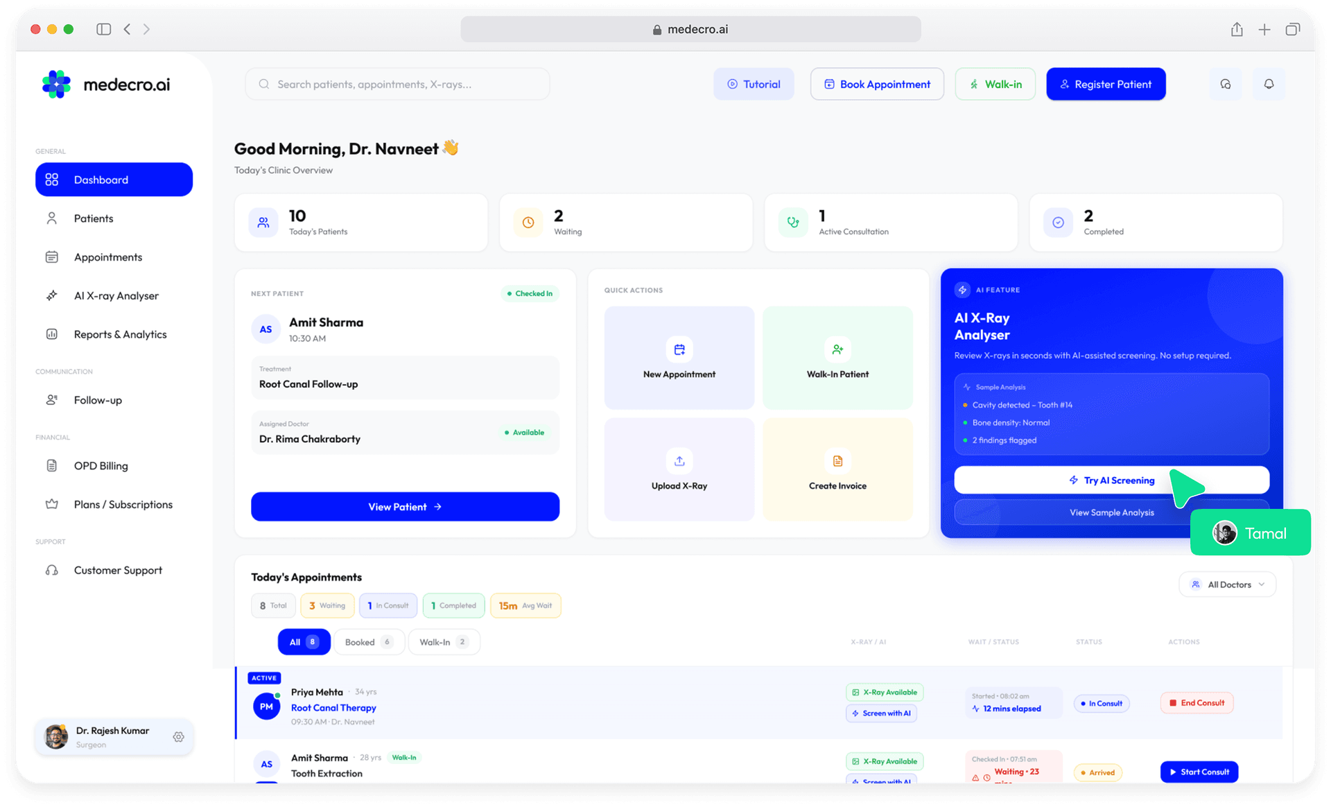 Medecro clinic dashboard redesign — showing the AI X-ray Analyser feature surfaced directly on the patient card, eliminating context-switching