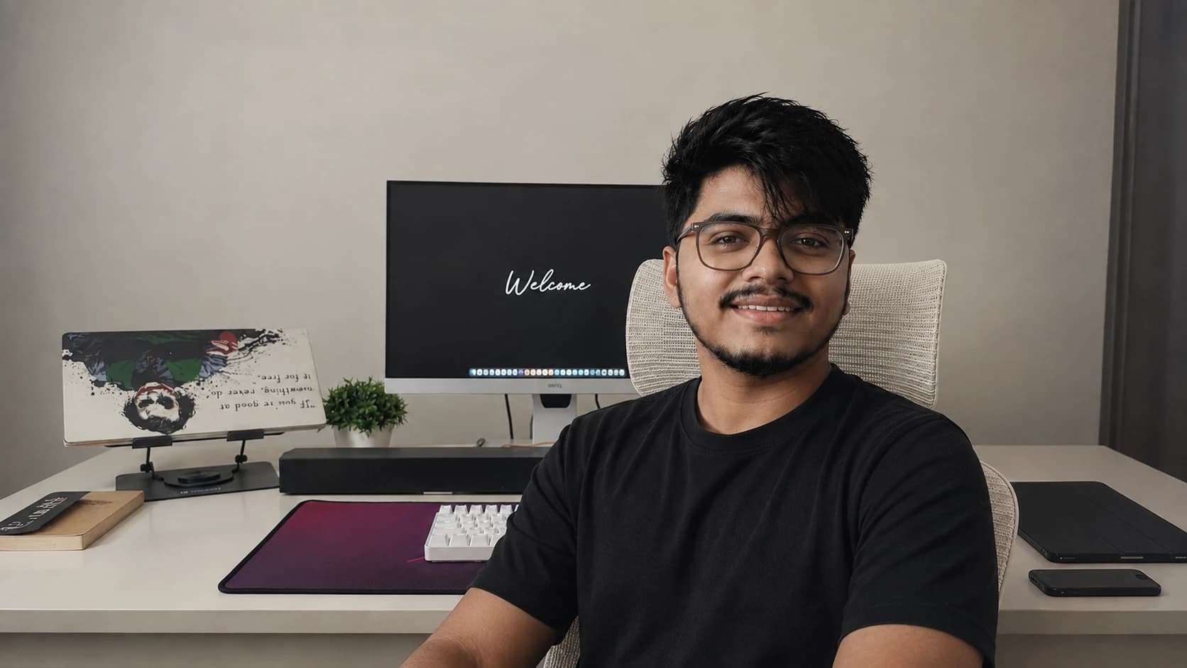 Tamal Biswas at his desk, a monitor and keyboard behind him