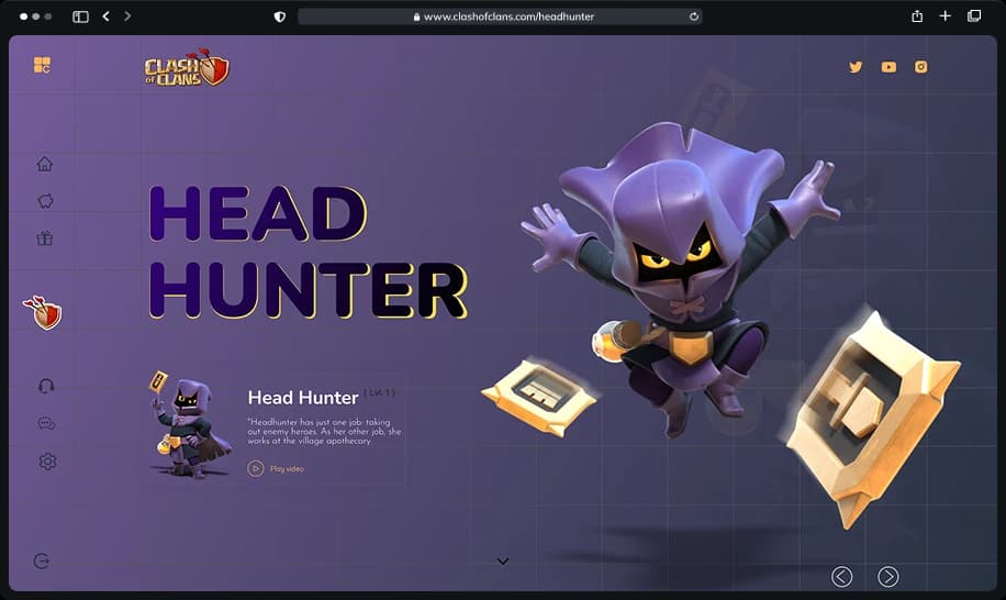 Concept landing page for the Clash of Clans character Head Hunter: oversized display type, the character rendered mid-leap, and a description card with a play-video link