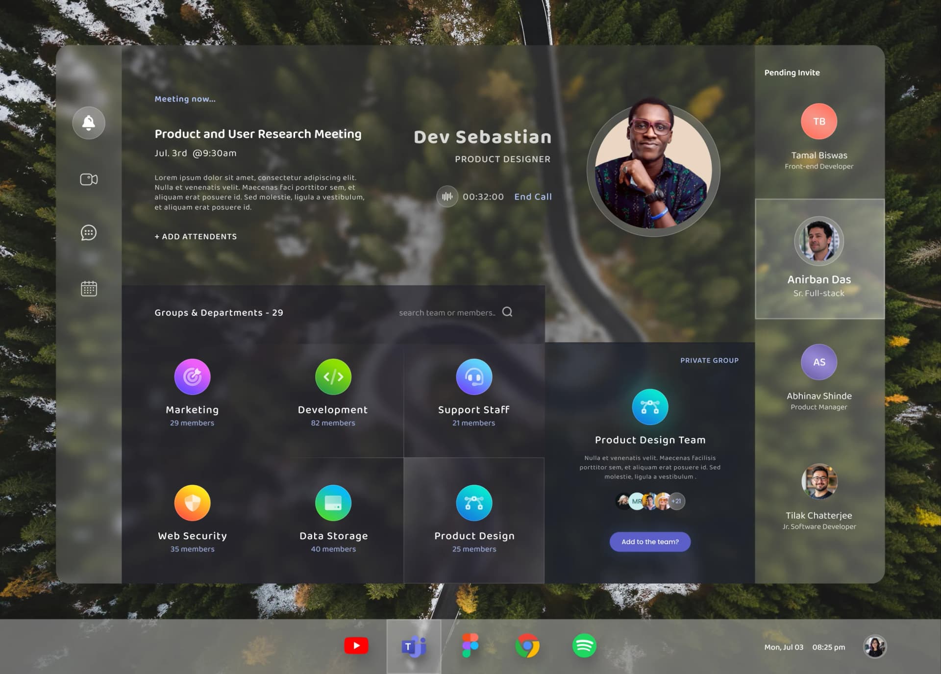 Concept redesign of the Microsoft Teams desktop app: a translucent panel over a forest wallpaper showing an active call, the meeting details, department groups with member counts, and a pending-invite list